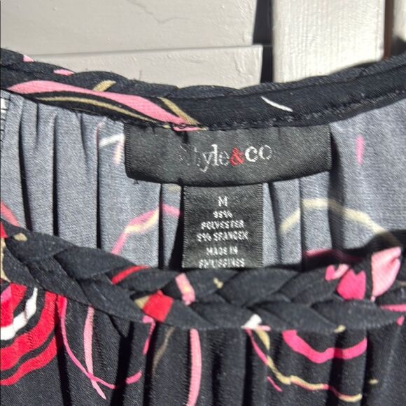 Black Blouse with Pink and White Swirls - Picture 2 of 8